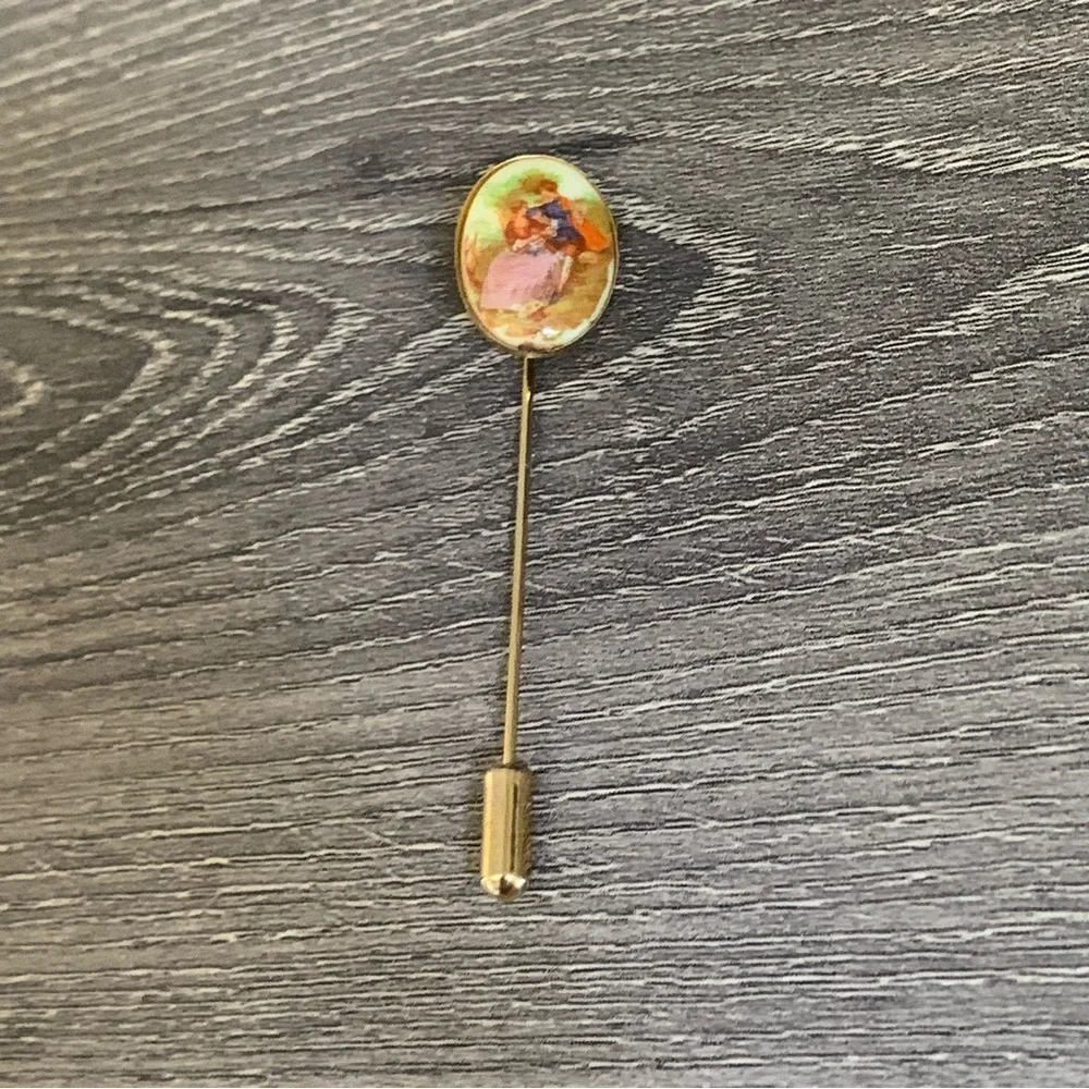 Vintage Gold Stickpin Courting Couple Victorian Limoges Fragonard 1950s